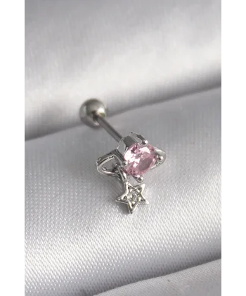 316L Çelik Gümüş Renk Pembe Zirkon Taşlı Sallantı Yıldız Detay Tragus Piercing