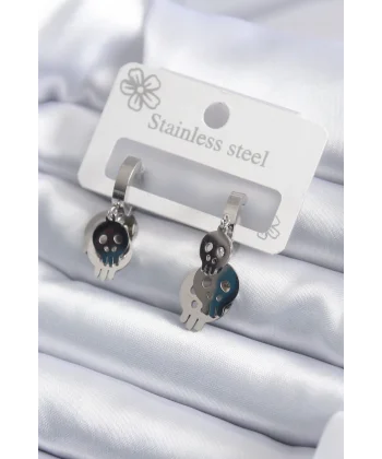 316L Çelik Gümüş Renk Sallantı Kuru Kafa Model Kadın Küpe