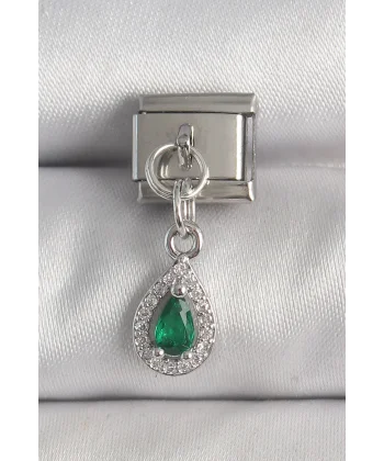 316L Çelik Gümüş Renk Sallantı Yeşil Zirkon Taşlı Damla Model Nomination Charm