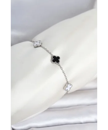 316L Çelik Gümüş Renk Siyah Beyaz Baby Yonca Model Kadın Bileklik