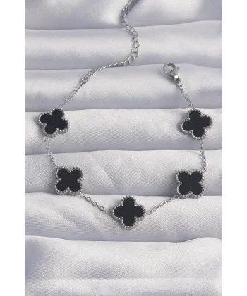 316L Çelik Gümüş Renk Siyah Mineli Yonca Bileklik