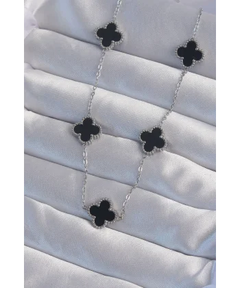 316L Çelik Gümüş Renk Siyah Mineli Yonca Kolye