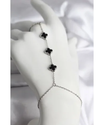 316L Çelik Gümüş Renk Siyah Yonca Model Kadın Şahmeran