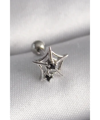 316L Çelik Gümüş Renk Siyah Zirkon Taş Detay Örümcek Ağ Model Tragus Piercing