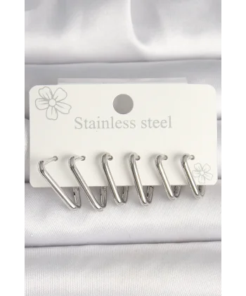 316L Çelik Gümüş Renk Üçgen Model Kadın Küpe Seti