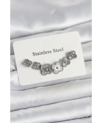 316L Çelik Gümüş Renk Yonca Küpe Seti