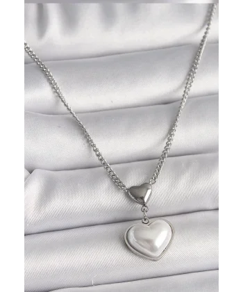 316L Çelik Gümüş Renk Zincir 3D Kalp Model Kadın Kolye
