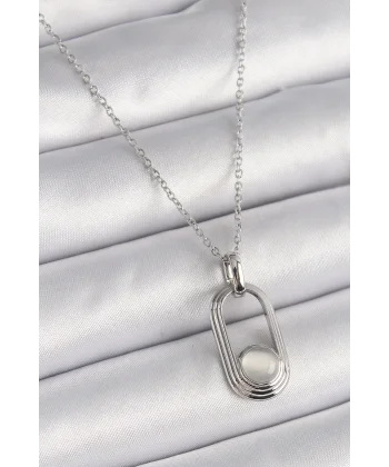 316L Çelik Gümüş Renk Zincir Beyaz Kedi Göz Model Kadın Kolye