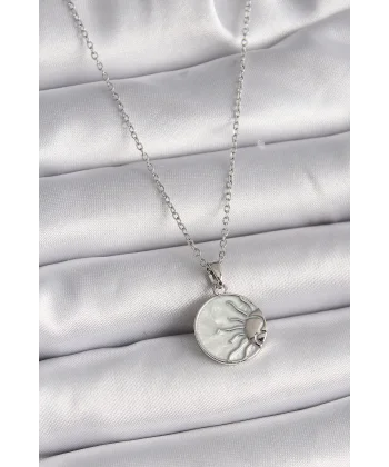 316L Çelik Gümüş Renk Zincir Beyaz Sedefli Gün Batımı Model Kadın Kolye