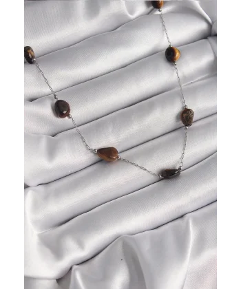 316L Çelik Gümüş Renk Zincir Kahverengi Doğaltaş Model Kadın Kolye
