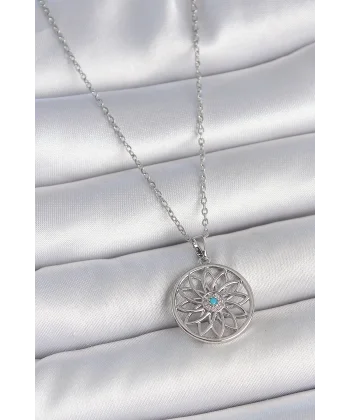 316L Çelik Gümüş Renk Zincir Mavi Taşlı Lotus Model Kadın Kolye