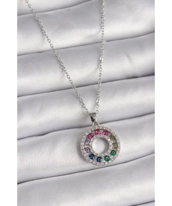 316L Çelik Gümüş Renk Zincir Renkli Zirkon Taşlı Madalyon Model Kadın Kolye