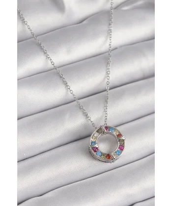 316L Çelik Gümüş Renk Zincir Renkli Zirkon Taşlı Xoxo Model Kadın Kolye