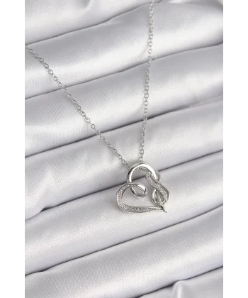 316L Çelik Gümüş Renk Zincir Zirkon Taş Detaylı Kalp Model Sonsuzluk Detay Kadın Kolye