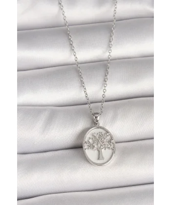 316L Çelik Gümüş Renk Zincir Zirkon Taş İşlemeli Beyaz Mineli Ağaç İşlemeli Portre Model Kadın Kolye