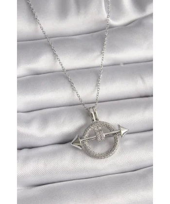 316L Çelik Gümüş Renk Zincir Zirkon Taşlı Halka Model Kadın Kolye