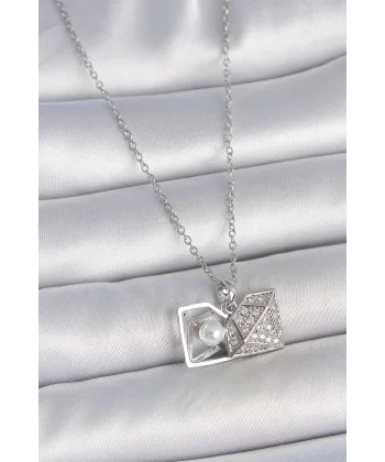 316L Çelik Gümüş Renk Zincir Zirkon Taşlı İncili Açılır Elmas Model Kadın Kolye