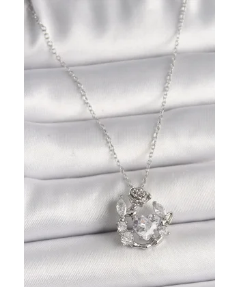 316L Çelik Gümüş Renk Zincir Zirkon Taşlı Kalp Figür Gül Detay Kadın Kolye