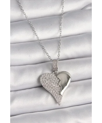 316L Çelik Gümüş Renk Zincir Zirkon Taşlı Kırık Kalp Model Kadın Kolye
