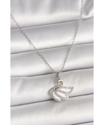 316L Çelik Gümüş Renk Zincir Zirkon Taşlı Kuğu Model Kadın Kolye