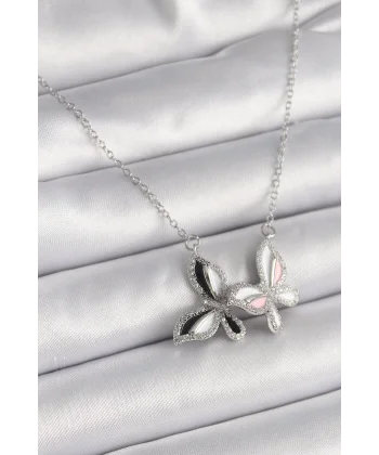 316L Çelik Gümüş Renk Zincir Zirkon Taşlı Renkli Kelebek Model Kadın Kolye