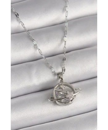 316L Çelik Gümüş Renk Zincir Zirkon Taşlı Yıldız Detay Gezegen Model Kadın Kolye