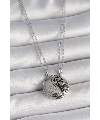 316L Çelik Gümüş Renk Zincir Zirkon Taşlı Ying Yang Model Gün Batımı İşlemeli Arakdaşlık Kadın Kolye