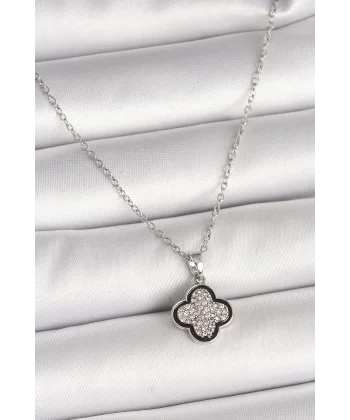 316L Çelik Gümüş Renk Zincir Zirkon Taşlı Yonca Model Kadın Kolye