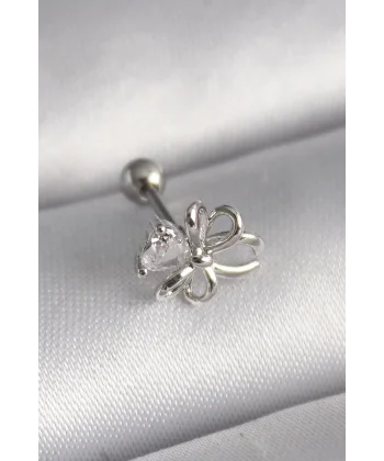 316L Çelik Gümüş Renk Zirkon Taş Detay Kurdele Model Tragus Piercing