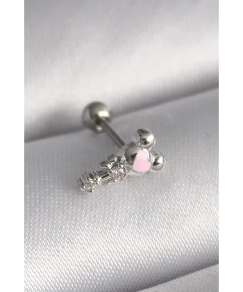316L Çelik Gümüş Renk Zirkon Taş Detay Pembe Kalp İşleme Tragus Piercing