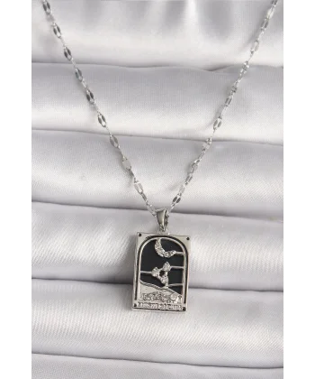 316L Çelik Gümüş Renk Zirkon Taşlı  Ay Figürlü Taror Model Kadın Kolye