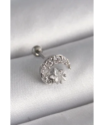 316L Çelik Gümüş Renk Zirkon Taşlı Ay Yıldız Tragus Piercing