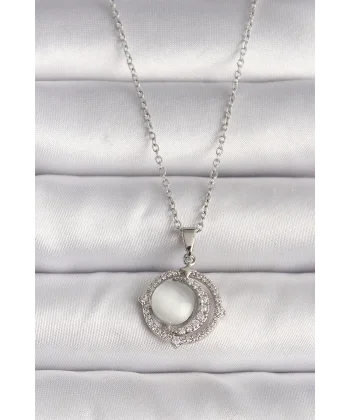 316L Çelik Gümüş Renk Zirkon Taşlı Beyaz Sedefli Hilal Model Kadın Kolye