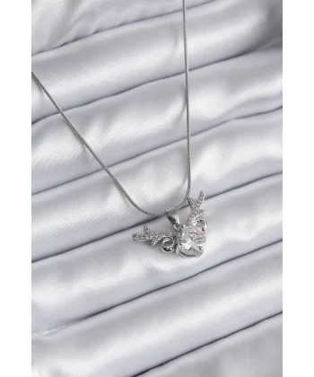 316L Çelik Gümüş Renk Zirkon Taşlı Boynuz Model Kadın Kolye