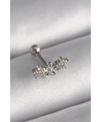 316L Çelik Gümüş Renk Zirkon Taşlı Çiçek Tragus Piercing