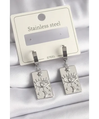 316L Çelik Gümüş Renk Zirkon Taşlı Göz İşleme Detaylı Plaka Model Kadın Küpe