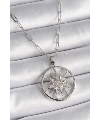 316L Çelik Gümüş Renk Zirkon Taşlı Güneş Madalyon Model Kadın Kolye