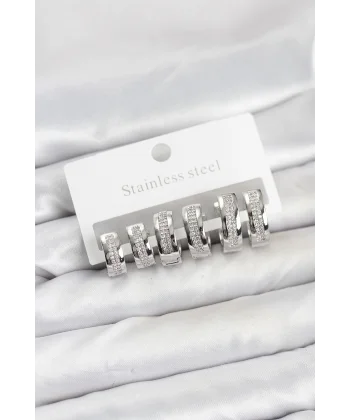 316L Çelik Gümüş Renk Zirkon Taşlı Halka Küpe Seti