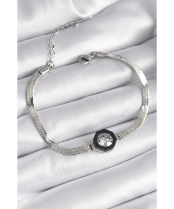 316L Çelik Gümüş Renk Zirkon Taşlı İtalyan Zincir Model Kadın Bileklik