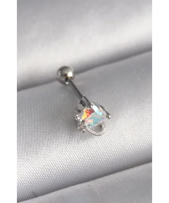 316L Çelik Gümüş Renk Zirkon Taşlı Kalp Tragus Piercing