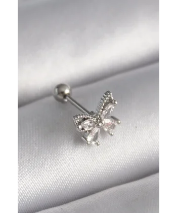 316L Çelik Gümüş Renk Zirkon Taşlı Kelebek Tragus Piercing