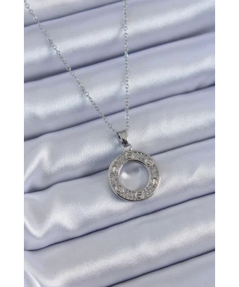 316L Çelik Gümüş Renk Zirkon Taşlı Model Kadın Kolye