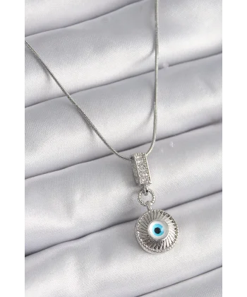 316L Çelik Gümüş Renk Zirkon Taşlı Nazar Boncuk Model Kadın Kolye