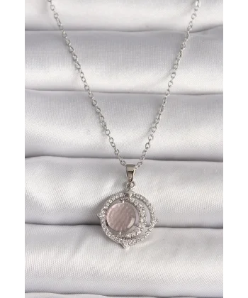 316L Çelik Gümüş Renk Zirkon Taşlı Pembe Sedefli Hilal Model Kadın Kolye