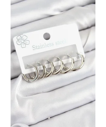 316L Çelik Halka Model Gümüş Renk 3lü Set Kadın Küpe