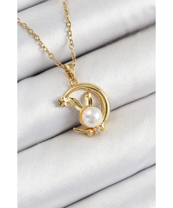 316L Çelik İnci Detaylı Hilal Tavşan Model Gold Renk Kadın Kolye