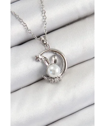316L Çelik İnci Detaylı Hilal Tavşan Model Gümüş Renk Kadın Kolye