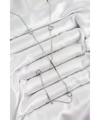 316L Çelik Kelebek Figürlü Y Model Gümüş Renk Kadın Kolye