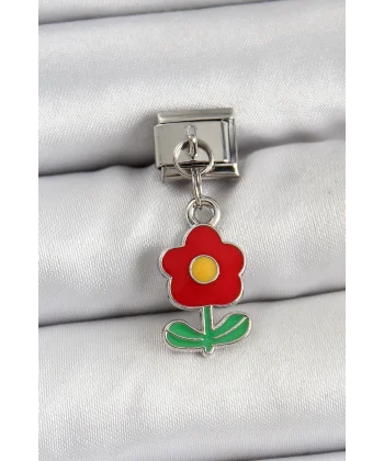 316L Çelik Sallantılı Kırmızı Papatya Model Gümüş Renk Nomination Charm