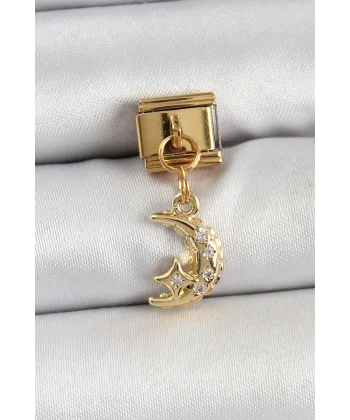 316L Çelik Sallantılı Zirkon Taşlı Ay Model Gold Renk Nomination Charm